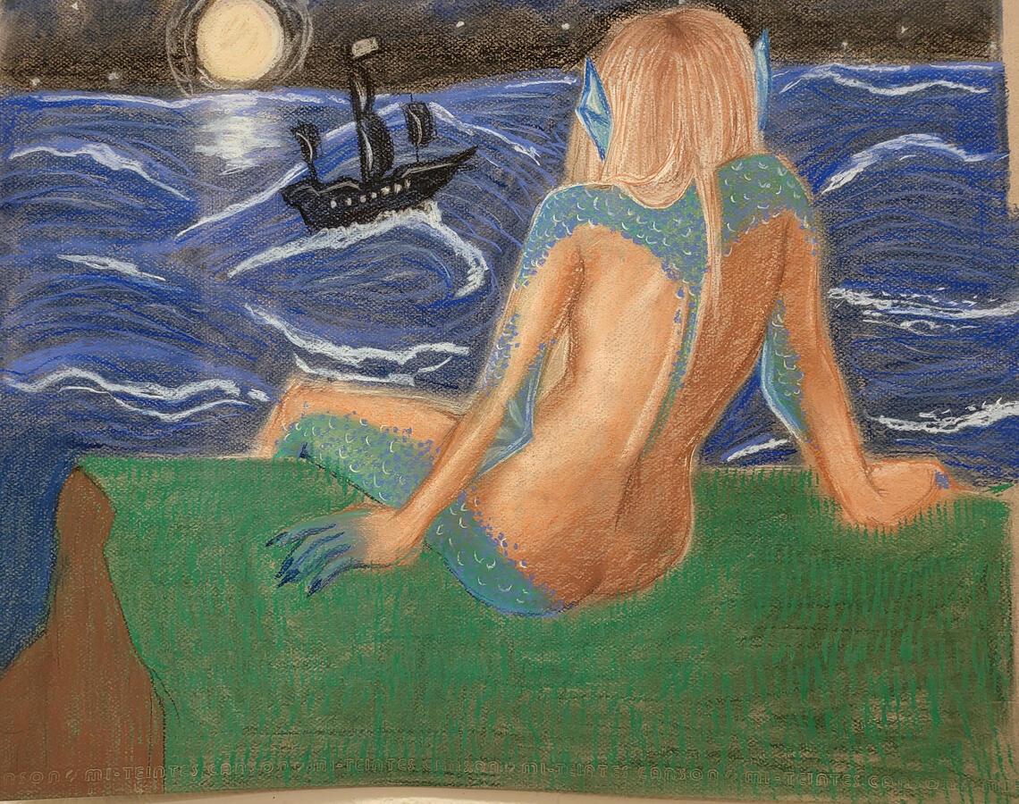 A life drawing don in pastels that was added to in order to make a complete scene